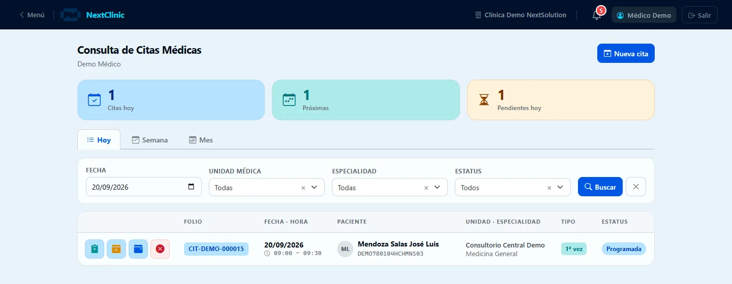 Agenda de citas del expediente clínico con filtros por unidad médica, especialidad y estatus
